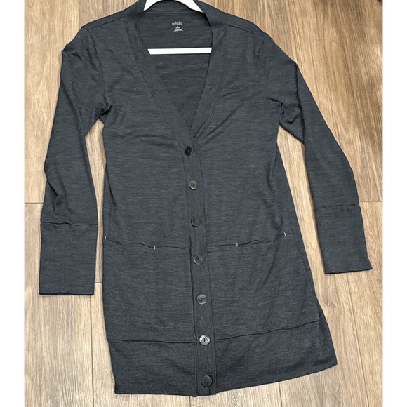 Icebreaker Women Lrg Long Button Up Cardigan Dark Gray Merino Wool Pockets EUC - Picture 1 of 13